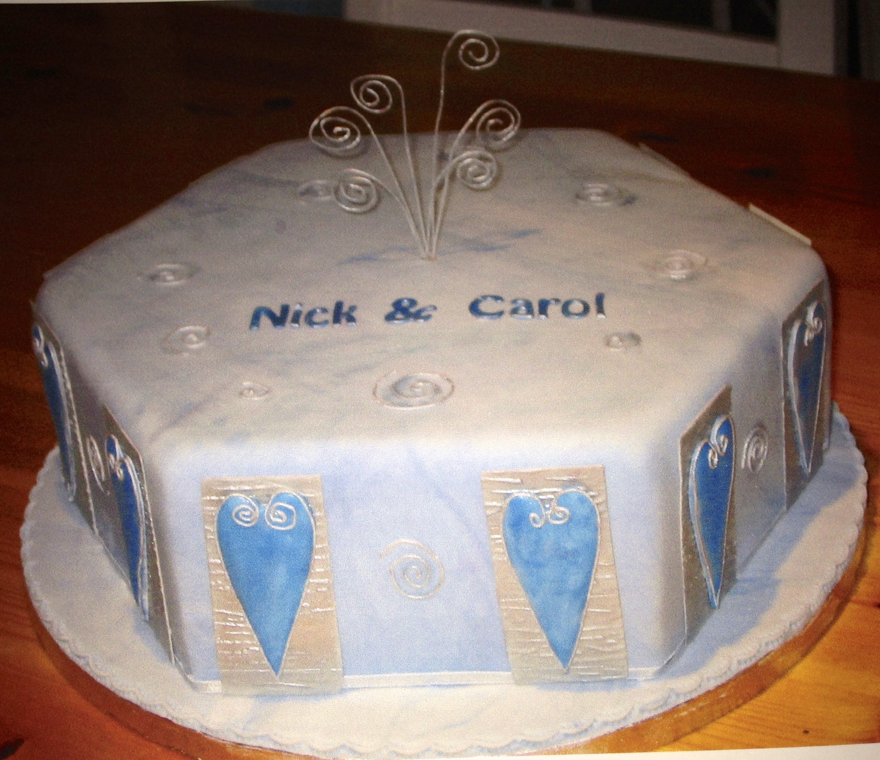 Hexagonal blue themed wedding cake